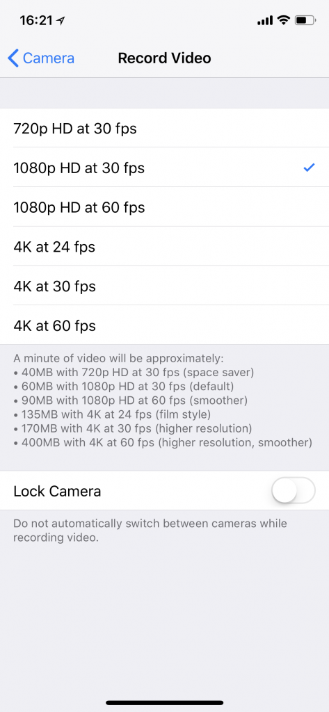 Storage requirements of different video settings