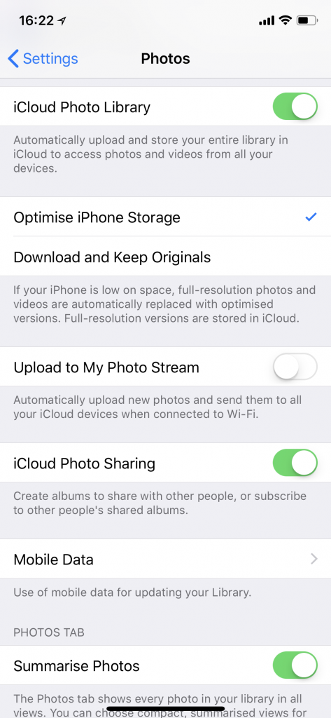 Enabling iCloud Photo Library and selecting Optimise iPhone Storage